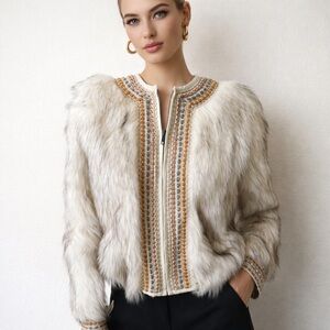 New Blank London Pheba Pearl Faux Fur Jacket With  Embroidered Accents